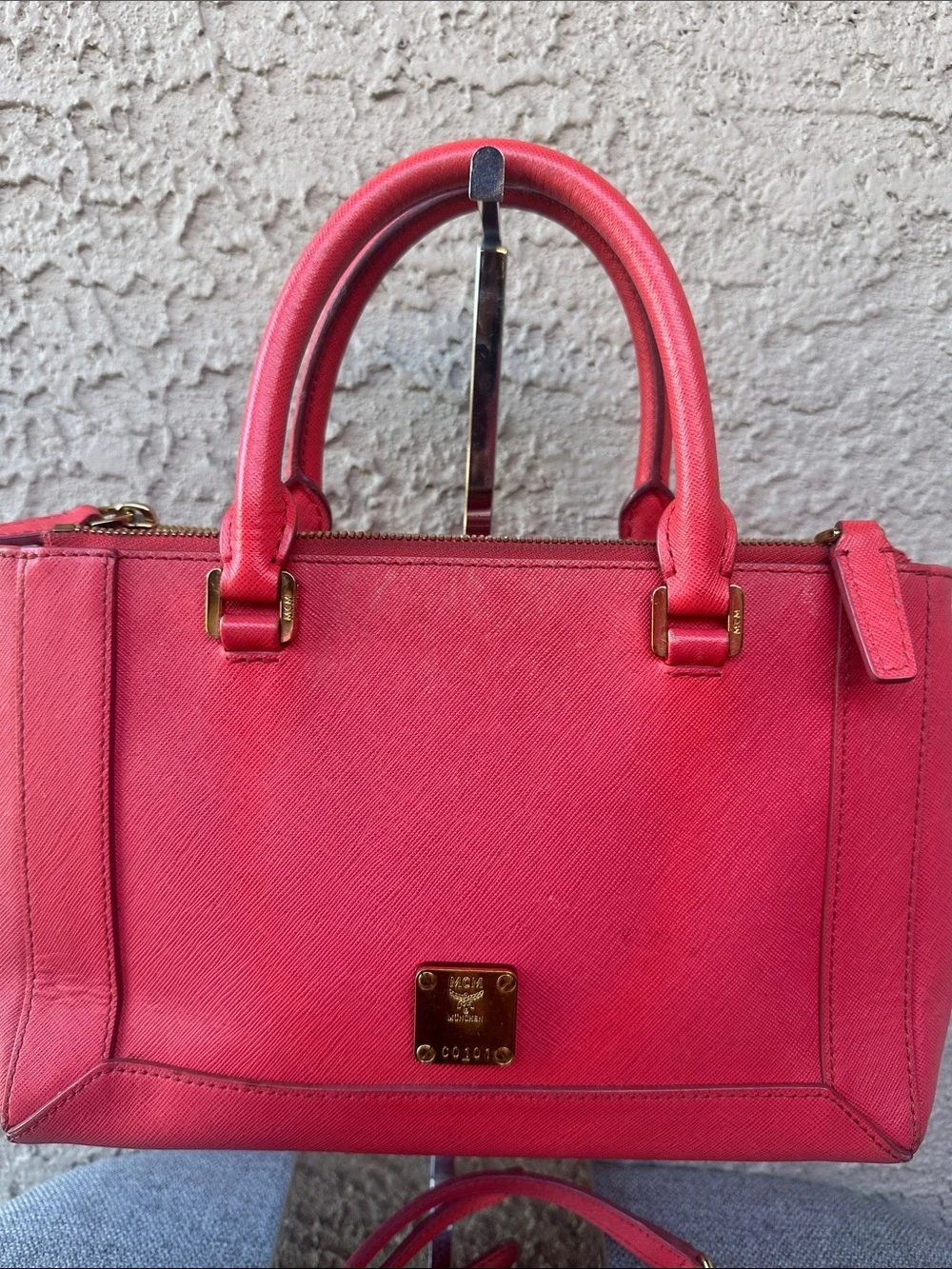MCM Red Saffiano Leather Satchel Bag with Removable Strap